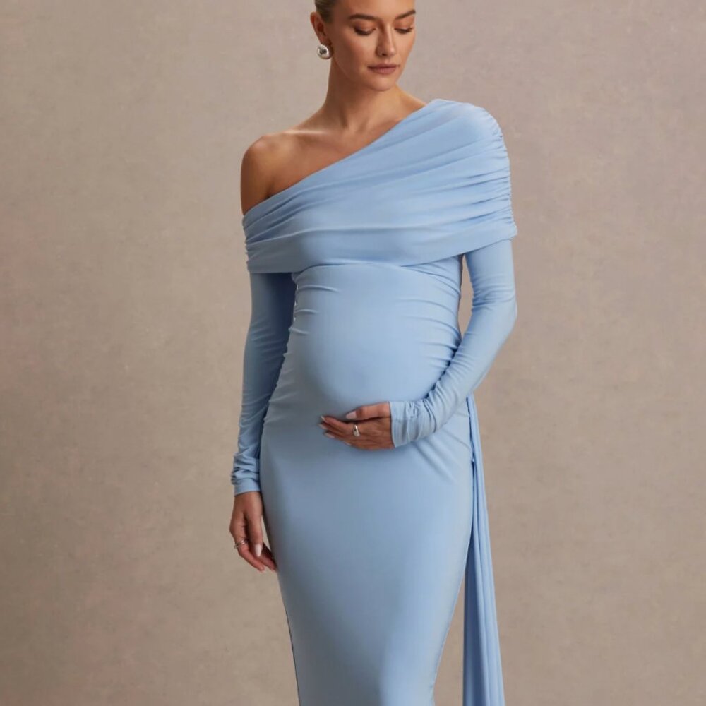 NWT Club L London Amara Blue Maternity Maxi Dress With Sash Detail